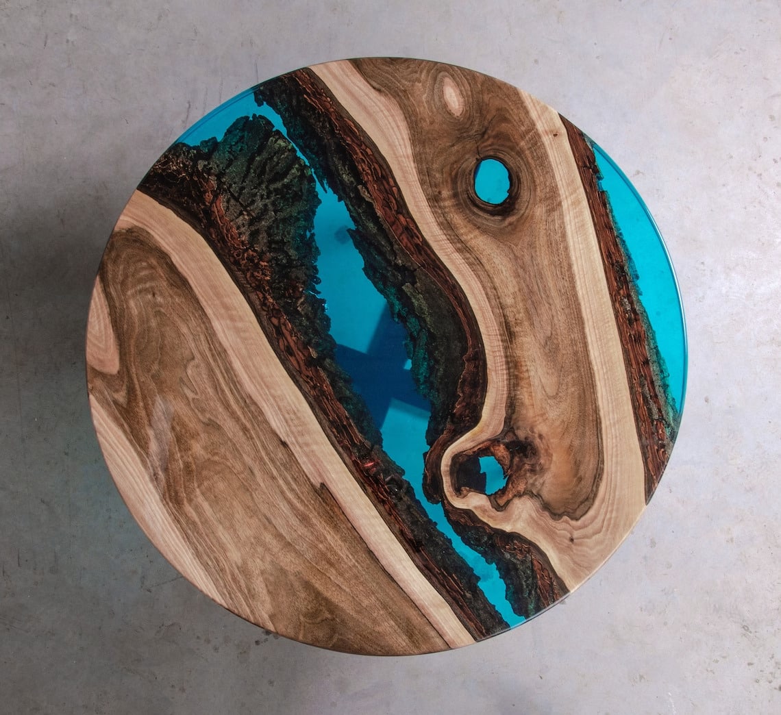 Round wood deals resin table